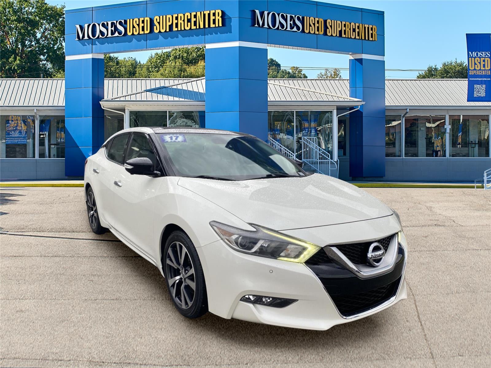 2017 Nissan Maxima Platinum in Pearl White — front three-quarter view