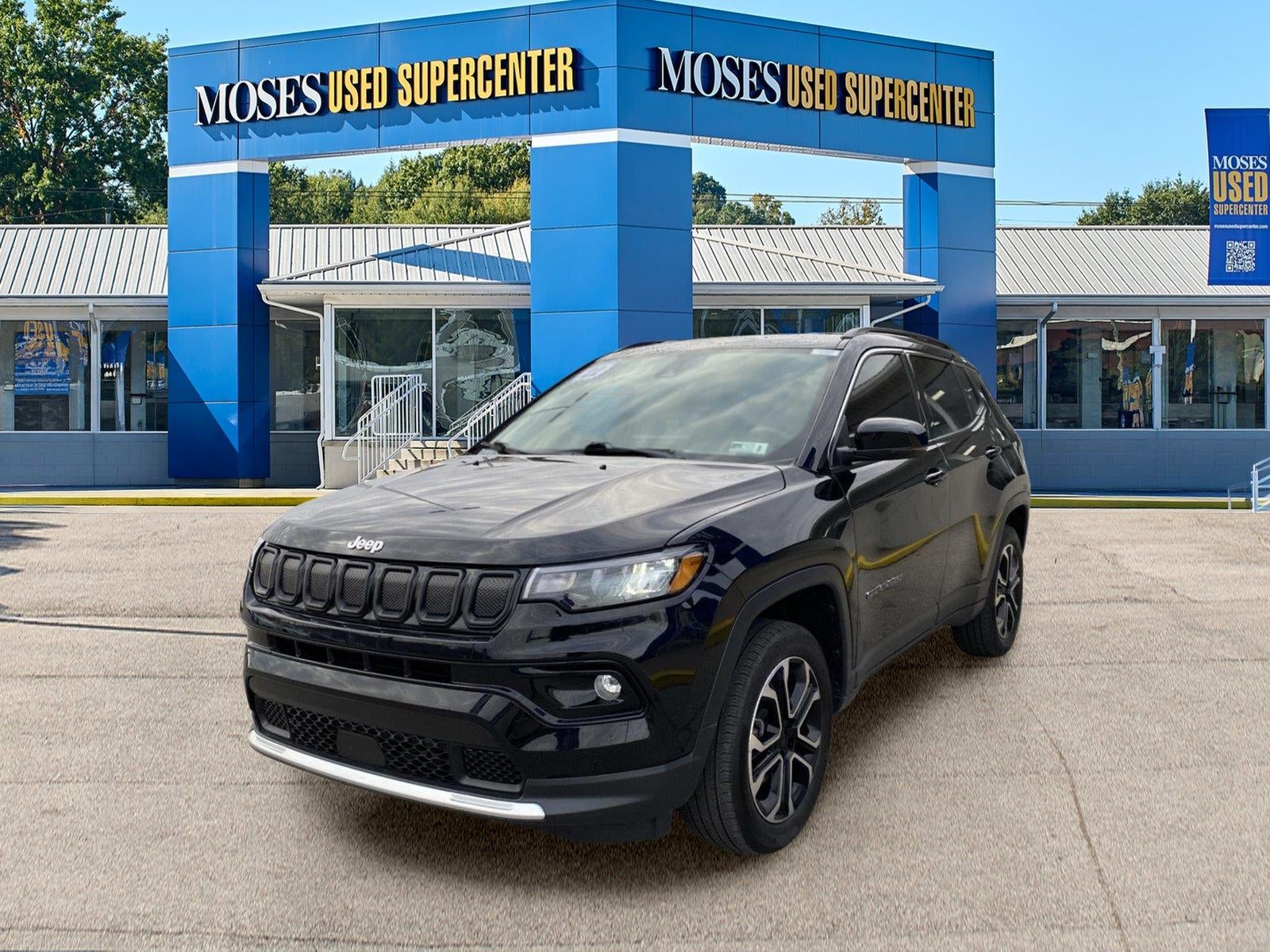 2022 Jeep Compass Limited in Diamond Black Crystal Pearlcoat — front three-quarter view